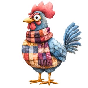 May include: A blue rooster with a red comb and wattle wears a colorful patchwork scarf. The rooster has a blue body and tail feathers.