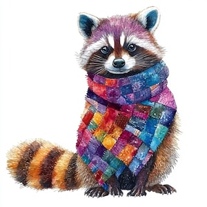 Puede incluir: Una pintura de acuarela de un mapache con una bufanda de retazos colorida. El mapache tiene pelaje marrón, una nariz negra y una raya blanca en la frente. La bufanda está hecha de cuadrados de diferentes colores y está atada alrededor del cuello del mapache.
