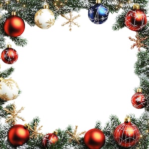 Pode incluir: Um fundo branco com uma guirlanda verde de ramos de pinho decorada com enfeites vermelhos, azuis e dourados. A guirlanda está coberta de neve branca.