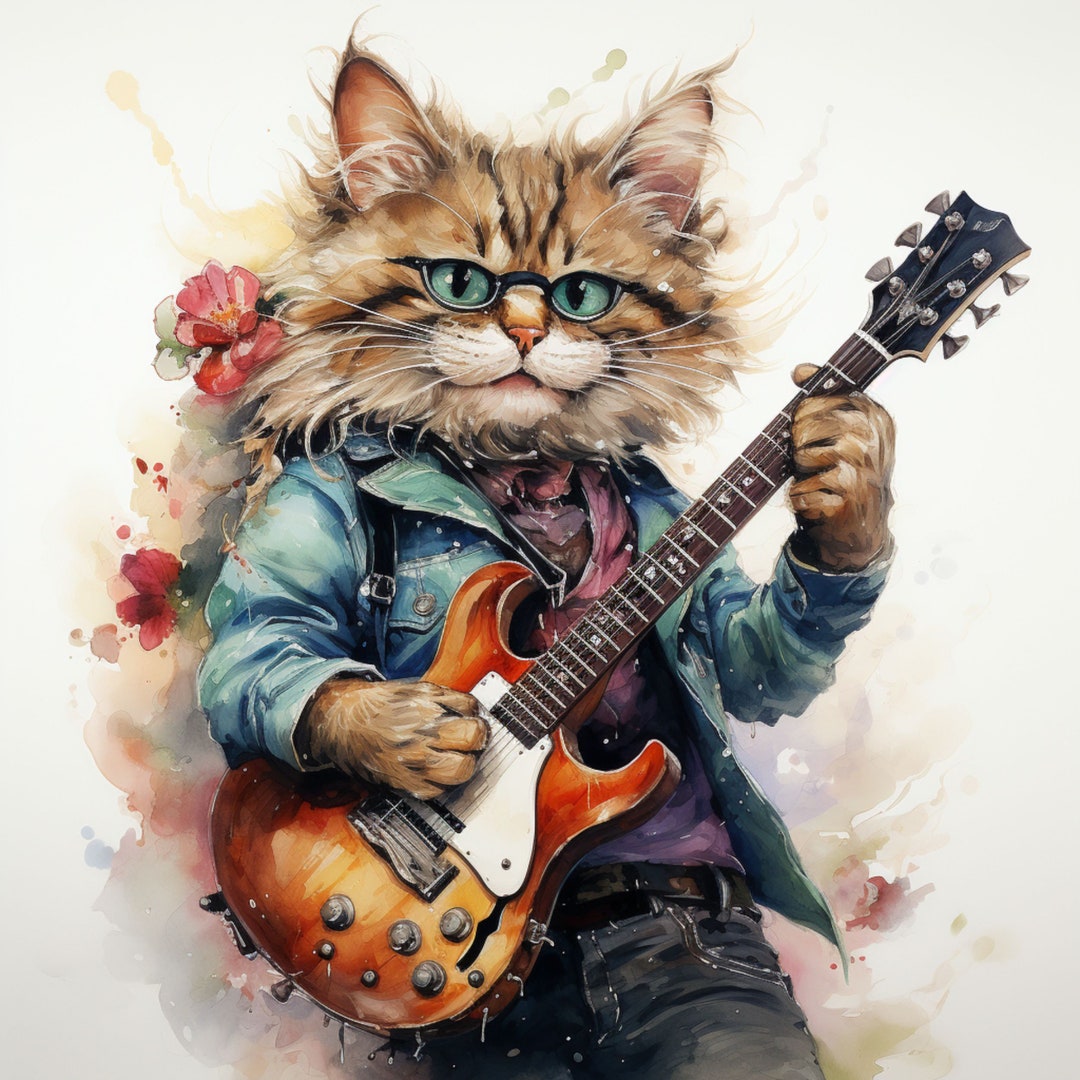Floral Rocker Cat Cliparts: Rockstar Musician JPG Images - Etsy