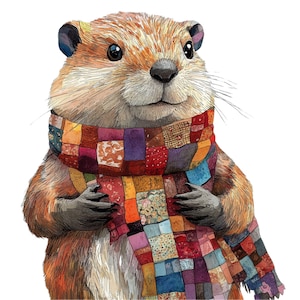 12 bever in een patchwork sjaal digitaal beeld, bever png-illustratie, bever in een patchwork sjaal clipart, schattige bever om te downloaden