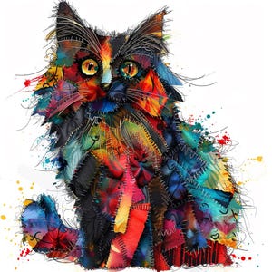 12 Cat Multi-Color Patchwork Clipart, High Quality PNG, Quilted Cat Images, Digital Download, Paper Craft, Junk Journals, Commercial Use