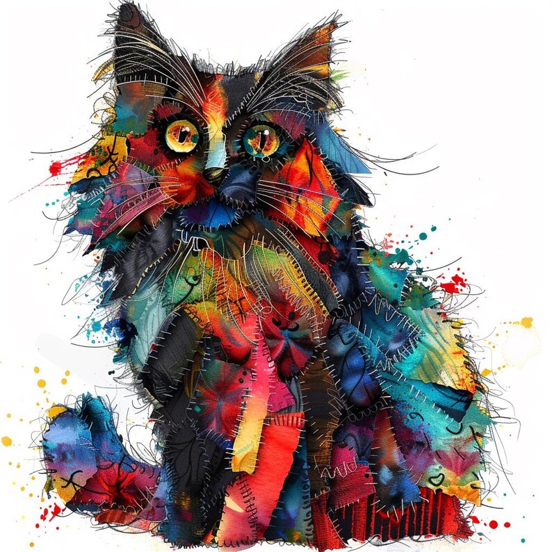 12 Cat Multi-Color Patchwork Clipart, High Quality PNG, Quilted Cat Images, Digital Download, Paper Craft, Junk Journals, Commercial Use