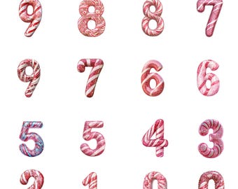 May include: Candy cane numbers from 0 to 9 in pink and white with red stripes. The numbers are arranged in three rows of four.