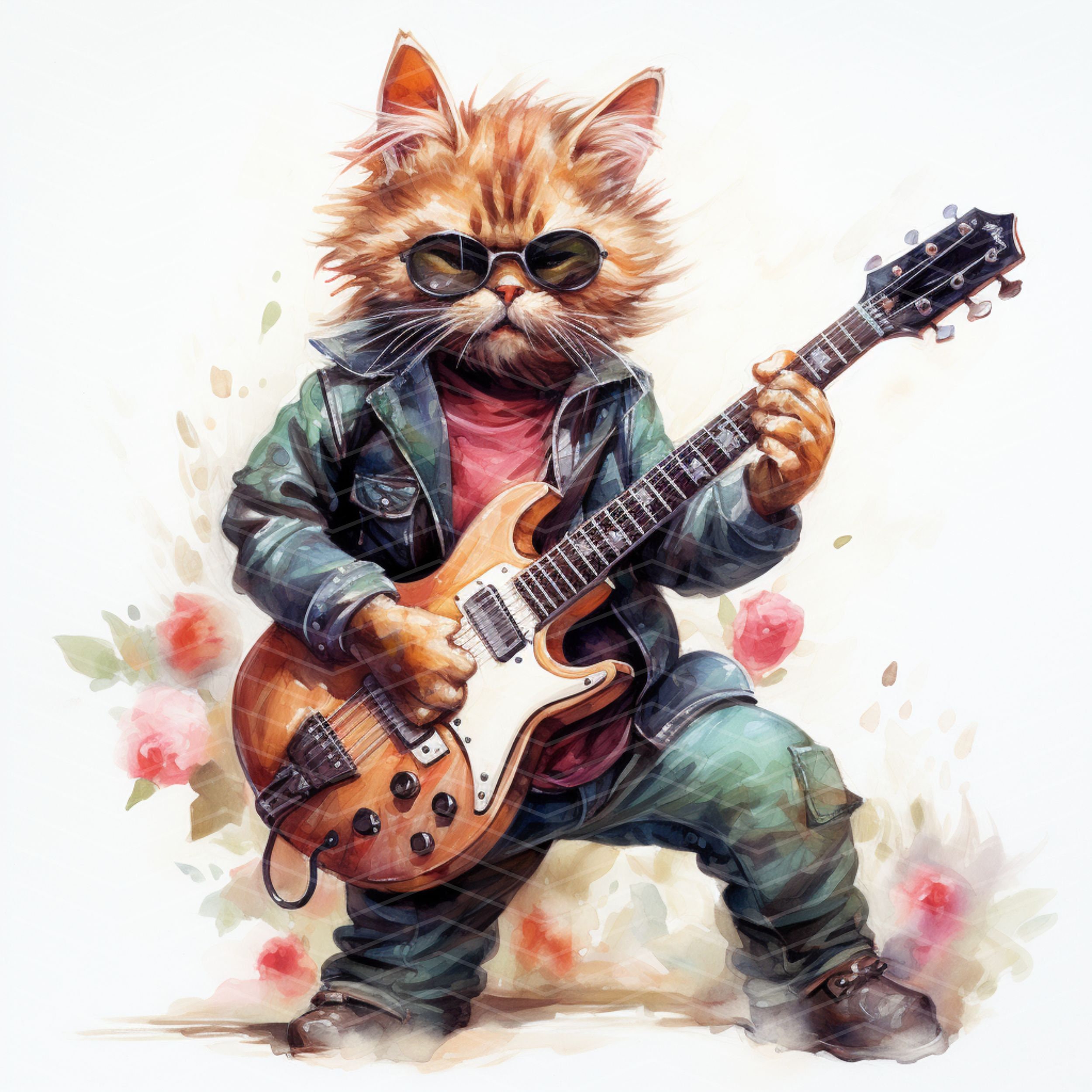 Floral Rocker Cat Cliparts: Rockstar Musician JPG Images - Etsy