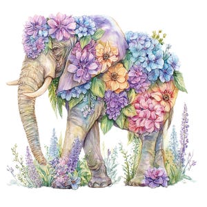 12 Floral Elephant Clipart, Watercolor Elephant with Flowers, High Quality PNG, Transparent Background, Junk Journals, Commercial Use