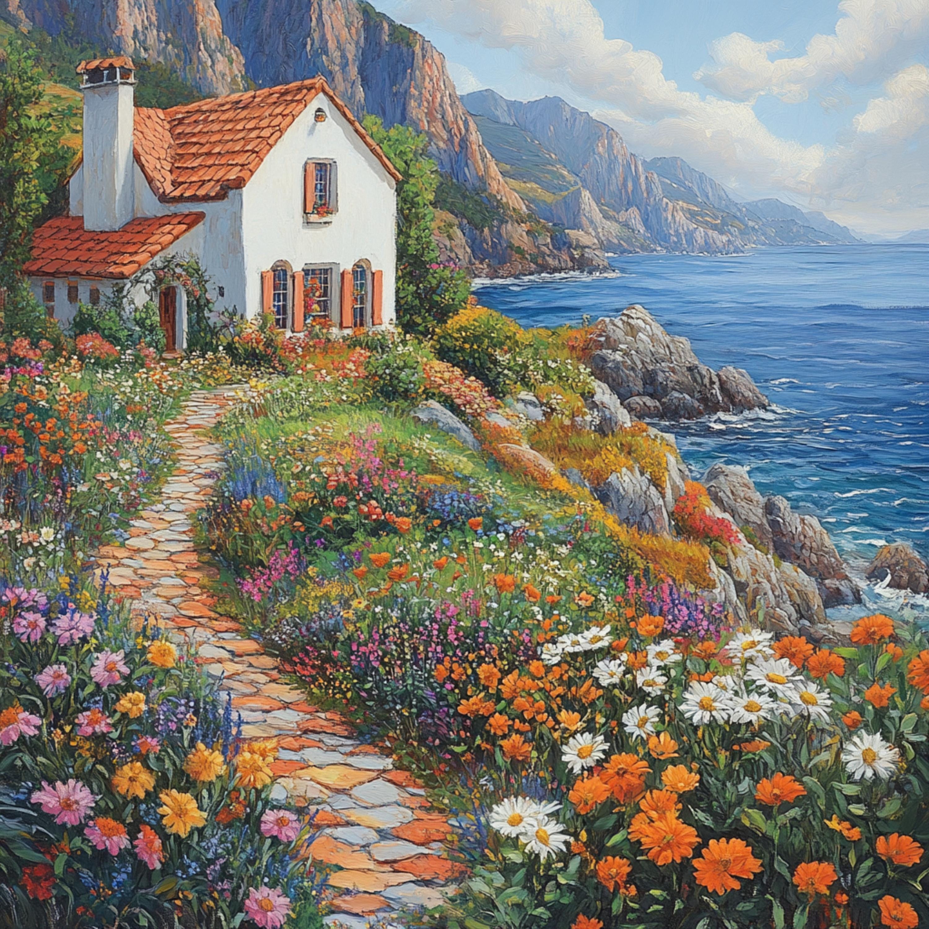 花柄の家のクリップアート：水彩画の海岸沿いの山の景色（デジタル