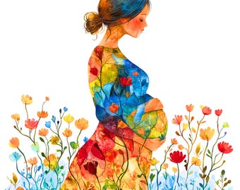 Imágenes prediseñadas de mujer embarazada en acuarela: Ilustración de maternidad (descarga digital), imágenes prediseñadas de verano