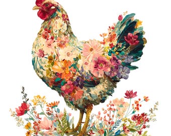 12 Watercolor Floral Chicken Clipart: Farm Animal PNG (Digital Download), Summer Clipart