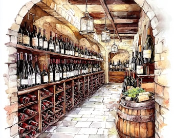 Peut inclure: Une peinture à l'aquarelle d'une cave à vin avec des rangées de bouteilles de vin sur des étagères en bois. La cave est éclairée par une seule ampoule suspendue au plafond. Les bouteilles sont disposées de manière ordonnée et les étagères sont en bois foncé. La cave est peinte dans une palette de couleurs chaudes et accueillantes.
