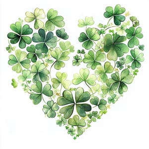 Puede incluir: Una pintura de acuarela de una forma de corazón hecha de tréboles verdes. Los tréboles son de diferentes tamaños y están dispuestos en forma de corazón.