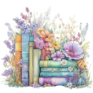 Puede incluir: Ilustración en acuarela de una pila de libros rodeada de flores coloridas. Los libros tienen varios colores y diseños, con detalles florales. Las flores incluyen flores de lavanda, naranja, rosa y morado, creando una composición vibrante y artística.