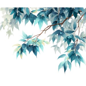 May include: A watercolor painting of a branch with blue-green leaves. The leaves are painted in a soft, delicate style, and the branch is depicted in a realistic manner. The painting is set against a white background.