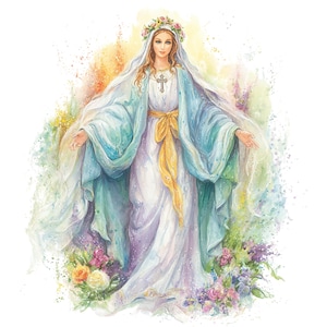 12 Clipart di Madre Maria, Vergine Maria stampabile, Illustrazione della Madonna ad acquerello, PNG di alta qualità, Arte murale spirituale, Download digitale