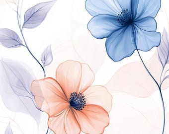 Elegant Watercolor Flowers Clipart: Blue & Peach Floral Art (Digital Download), Summer Clipart