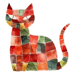 Könnte beinhalten: Ein Aquarellbild einer Katze, die aus bunten Quadraten zusammengesetzt ist. Die Katze ist rot, orange, gelb, grün und braun. Die Katze sitzt mit ihrem Schwanz um den Körper gewickelt.