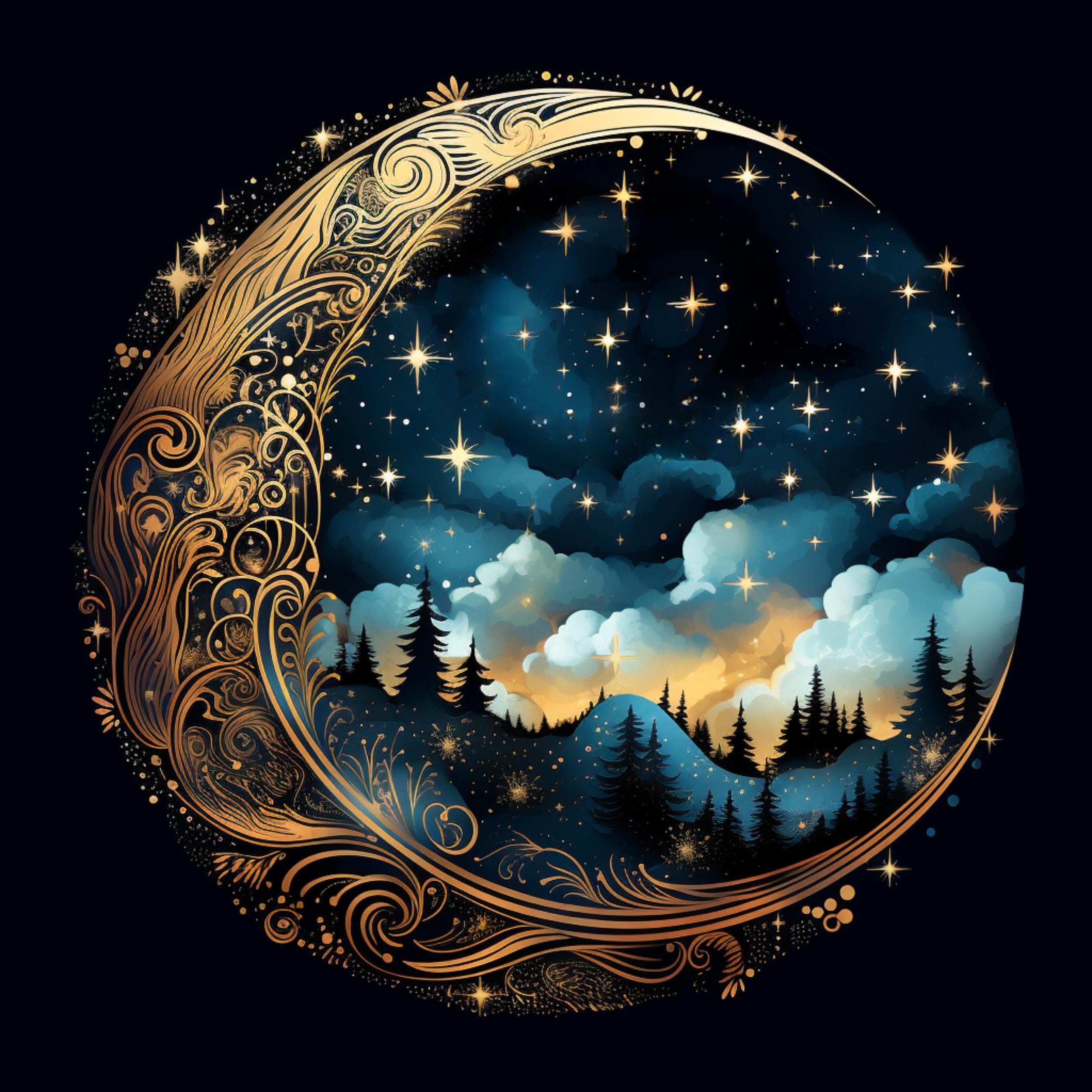 Romantic Watercolor Moon Clipart: Night Sky Illustrations (Digital Image)