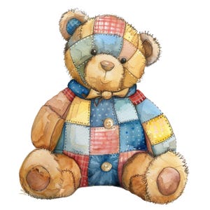 Patchwork Teddy Bear Clipart: Watercolor PNG Images (Digital Download)