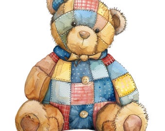 Patchwork Teddy Bear Clipart: Watercolor PNG Images (Digital Download), Summer Clipart