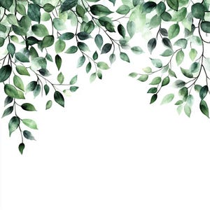May include: Watercolor painting of green leaves on branches, creating a border at the top of the image. The leaves are painted in shades of green, with some leaves appearing lighter and more translucent than others.
