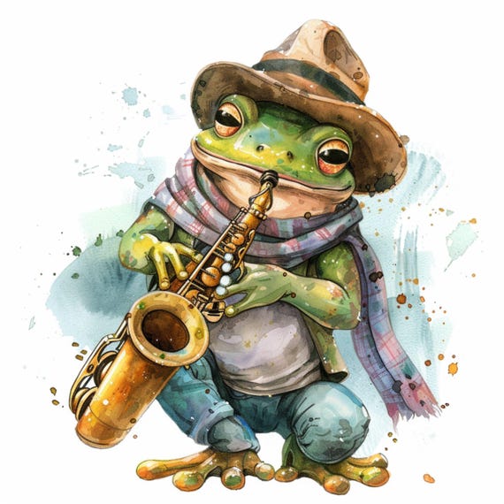 サックスを演奏するカエルの水彩画クリップアート（デジタル
