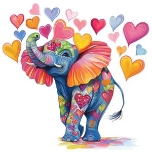 May include: A colourful illustration of an elephant with a bright pink and orange ear, surrounded by a scattering of pink, red, yellow and blue hearts. The elephant is decorated with a pattern of smaller hearts in various colours.