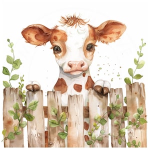 12 JPG schattige koe op een hek, koe clipart, afdrukbare aquarel clipart, hoge kwaliteit JPG, digitale download, Paper Craft, ongewenste tijdschriften