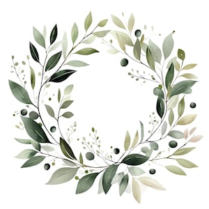 Può includere: Illustrazione ad acquerello di una ghirlanda circolare composta da foglie e bacche verdi e oliva. Le foglie variano per dimensioni e forma, creando un design naturale. La ghirlanda è su uno sfondo bianco, adatta a varie applicazioni.