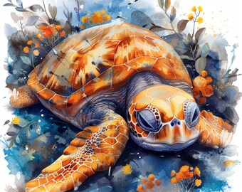 Sleepy Turtle Watercolor Clipart: Nursery Decor Illustrations (JPG Digital Download), Summer Clipart