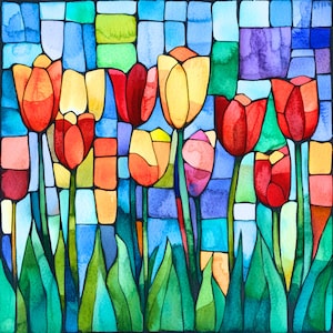 May include: Watercolour painting of a bouquet of tulips in a stained glass style. The tulips are red, yellow, orange, and pink. The background is a blue and green stained glass pattern.