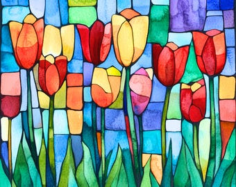 May include: Watercolor painting of a bouquet of tulips in a stained glass style. The tulips are red, yellow, orange, and pink. The background is a blue and green stained glass pattern.