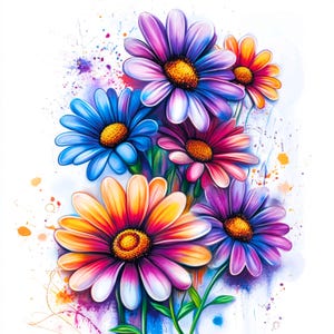 12 marguerites colorées PNG, Clipart marguerites aquarelle, JPG de haute qualité, clipart fleurs marguerite, téléchargement numérique, journaux indésirables, Scrapbooking