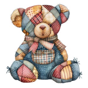 Patchwork Teddy Bear Clipart: Watercolor PNG (Digital Download)