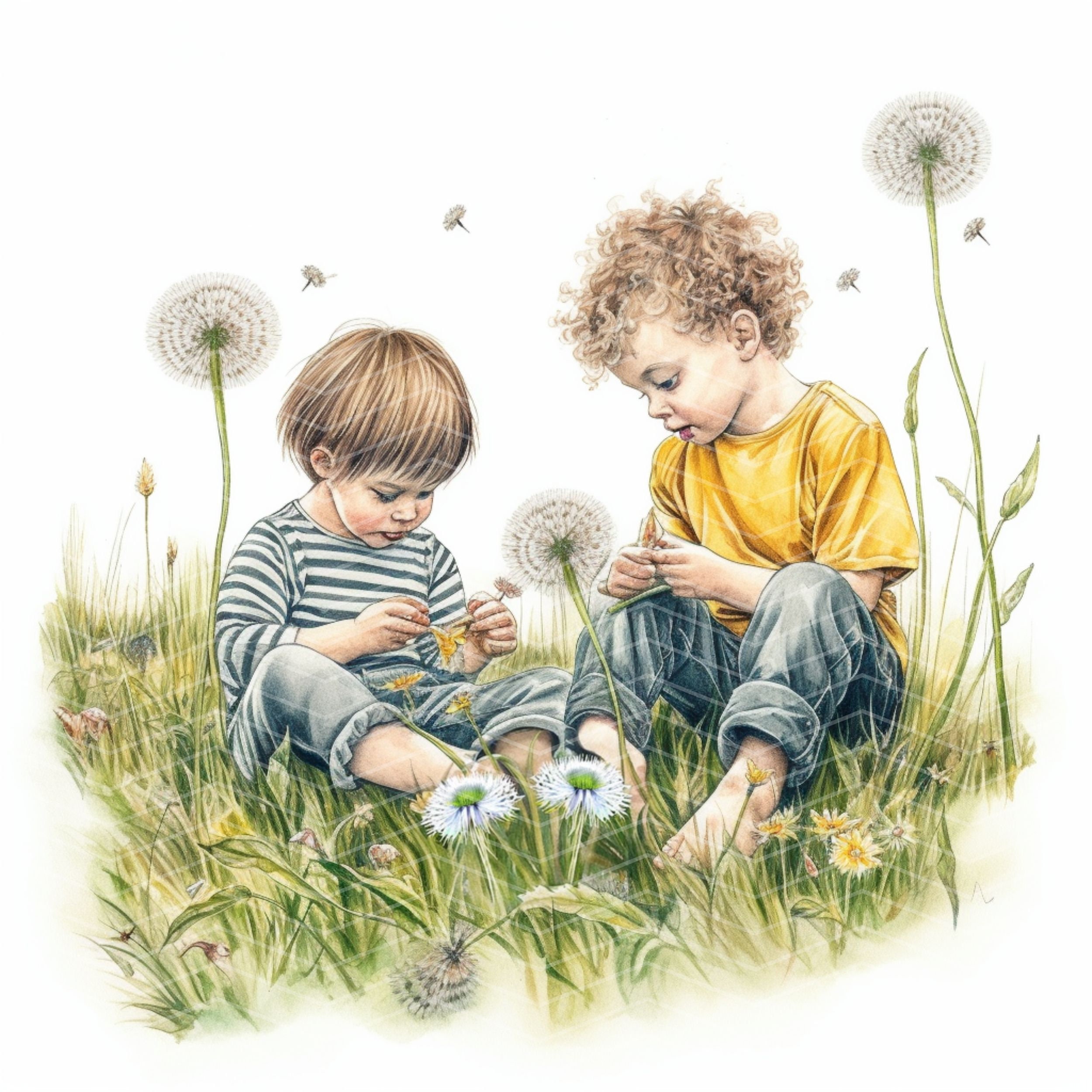 水彩画の子供向けクリップアート：タンポポの草原のイラスト（デジタル