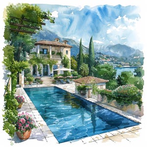 12 cliparts de carte de souhaits, art mural de vie de luxe, clipart vue montagne, image de piscine de maison, téléchargement numérique d'aquarelle de maison riche, JPG
