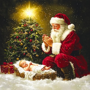 Menino Jesus e Papai Noel, JPG de alta qualidade, Download digital, Arte religiosa de Natal, Clipart de decoração de feriado, Ilustração cristã de Natal