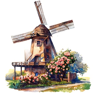 12 CLIPART DI MULINI DI CAMPAGNA, immagine png di un vecchio mulino, immagine digitale di un mulino d'epoca di campagna, arte a tema country, mulino d'epoca ad acquerello,