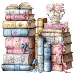 Op de afbeelding: Illustratie van stapels vintage boeken in pastelkleuren, versierd met bloemmotieven en linten. Een vaas met roze rozen staat op een stapel. De boeken zijn roze, blauw en crème.