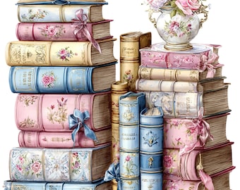 Cottagecore Book Stack Clipart: Watercolor Floral Library Art (PNG & JPG Digital Download), Summer Clipart