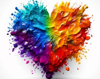 May include: A vibrant, abstract heart design composed of colorful paint splatters. The heart shape is filled with a spectrum of colors, including blue, green, yellow, orange, and red, with a white background.