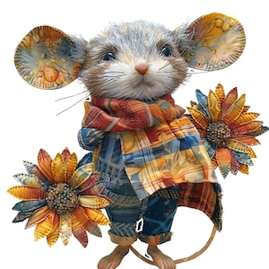 Könnte beinhalten: Eine graue und weiße Maus, die einen karierten Schal trägt und zwei gelbe und orangefarbene Sonnenblumen hält. Die Maus hat einen langen Schwanz und steht auf ihren Hinterbeinen.