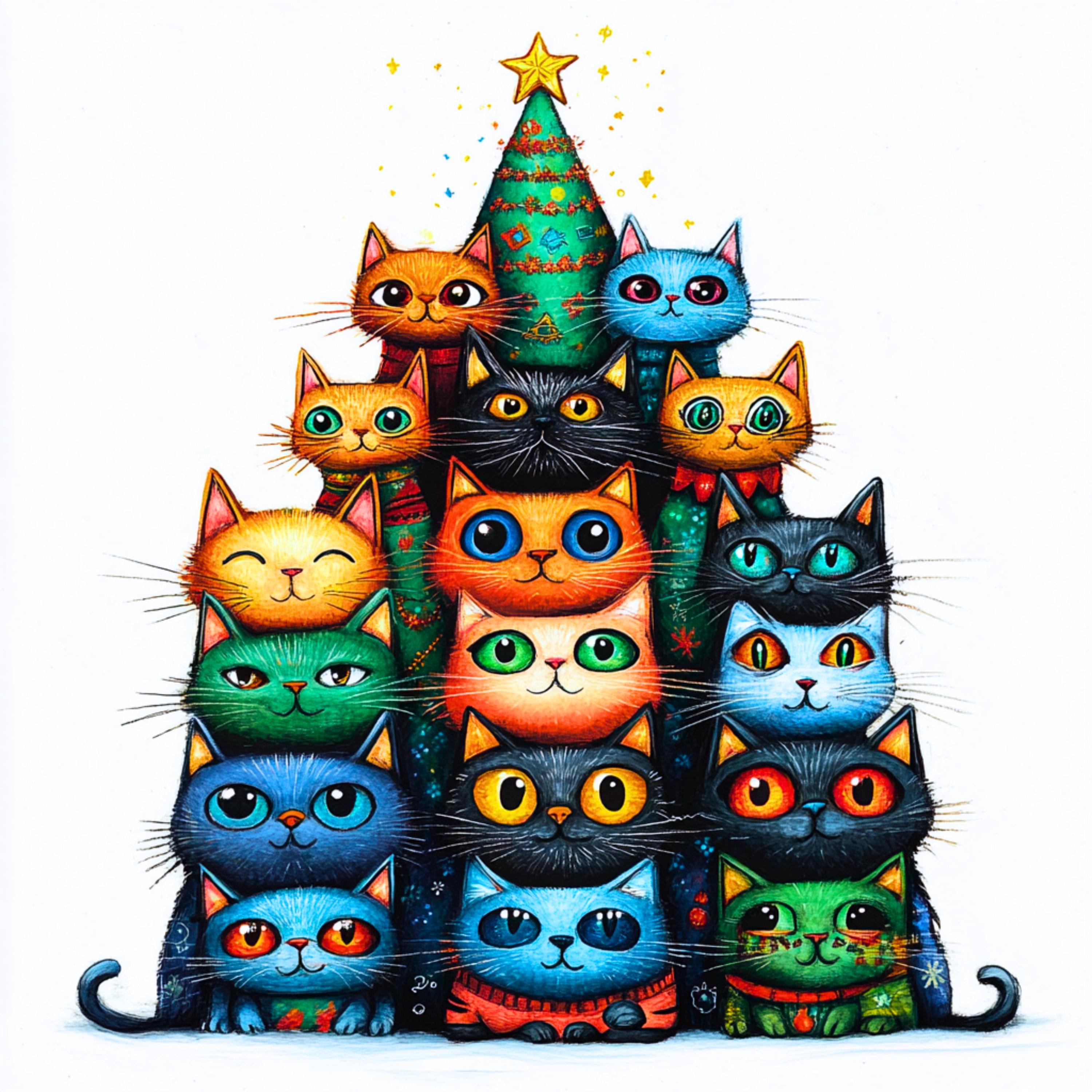 絵画 。壁掛け絵【猫ちゃんたちの幸せなクリスマスパーティー】04 風変わりな猫のクリスマスツリーのクリップアート：ホリデーアート