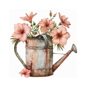 14 JPG Garden Watering Cans and Flowers, Water Can, Printable Watercolor clipart, High Quality, Digital download, Paper craft, junk journal