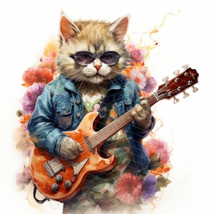 Floral Rocker Cat Cliparts: Rockstar Musician JPG Images - Etsy