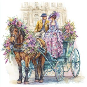 9 Clipart di carrozze romantiche in formato JPG, illustrazione di cavalli e carrozze d'epoca, coppia vittoriana in acquerello, arte floreale per matrimoni, arte stampabile
