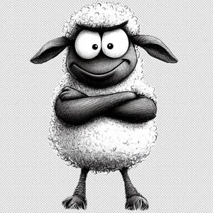 May include: A black and white illustration of a sheep with a smug expression. The sheep has large, expressive eyes, crossed arms, and a confident smile. The sheep's wool is fluffy, and its ears and legs are dark.