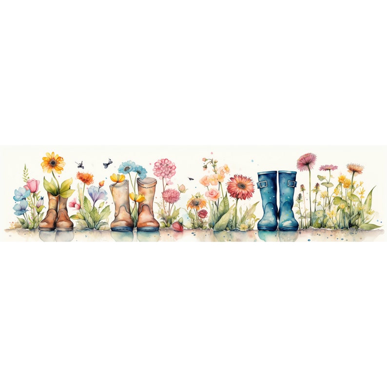 Floral Rain Boots Border Watercolor Clipart, Rain Boots Illustration, High-Resolution JPG, Watercolor Art Digital Download, Wall Art boot