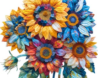 Patchwork Flower Bouquet Digital Image: Colorful Floral PNG, Summer Clipart