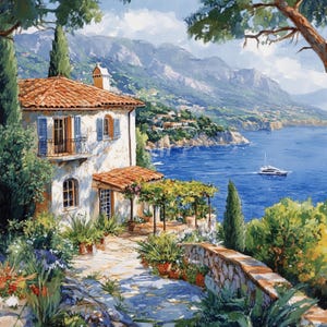 10 Casa junto al mar en las montañas, arte paisajístico costero, vista panorámica de la montaña, JPG de alta calidad, descarga digital, arte mural de Provenza