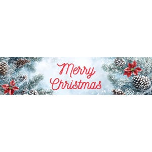 May include: A snowy winter scene with pine branches, pine cones, and red poinsettia flowers. The text "Merry Christmas" is written in red cursive script.